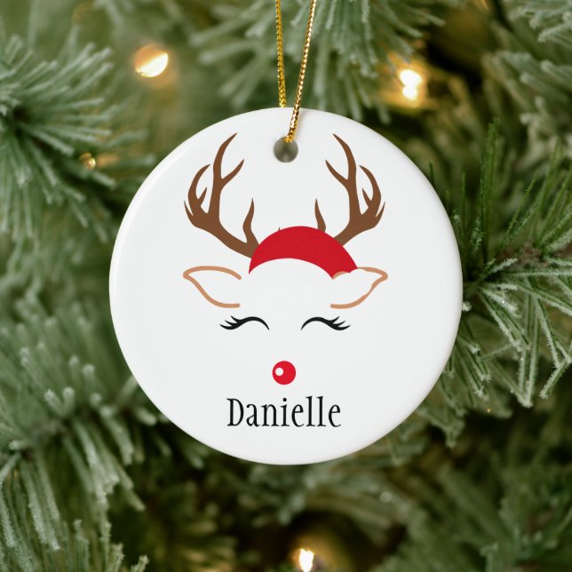 Girly Christmas Reindeer red nose santa hat Ceramic Ornament (Tree)