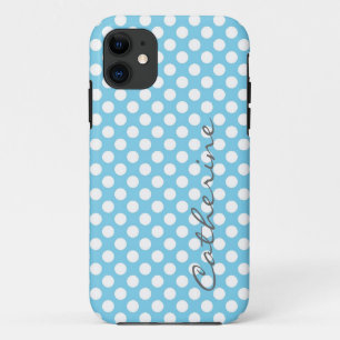 Girly, classic aqua blue polka dots custom iPhone 11 case