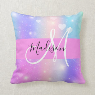 Girly Colorful Unicorn Rainbow Hearts Monogram Cushion