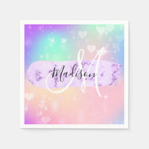 Girly Colorful Unicorn Rainbow Hearts Monogram Napkin