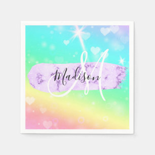 Girly Colorful Unicorn Rainbow Hearts Monogram Napkin