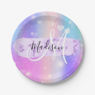 Girly Colorful Unicorn Rainbow Hearts Monogram Paper Plate