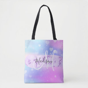Girly Colorful Unicorn Rainbow Hearts Monogram Tote Bag