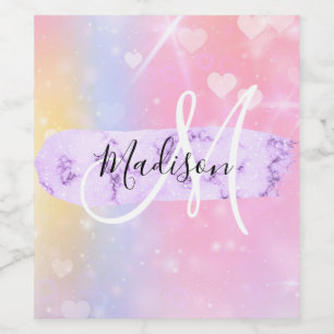 Girly Colorful Unicorn Rainbow Hearts Monogram Wine Label