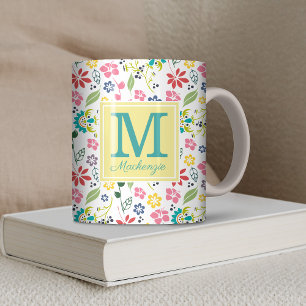Girly Colourful Bohemian Spring Flowers Monogram Coffee Mug