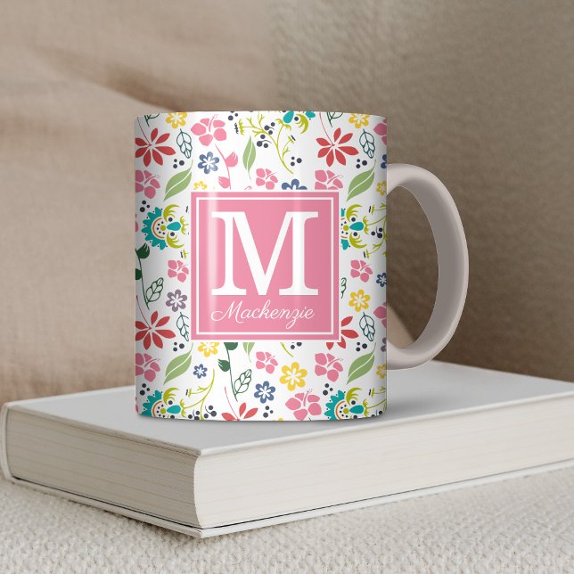 Girly Colourful Bohemian Spring Flowers Monogram Coffee Mug (Girly Colorful Bohemian Spring Flowers Monogram Coffee Mug)
