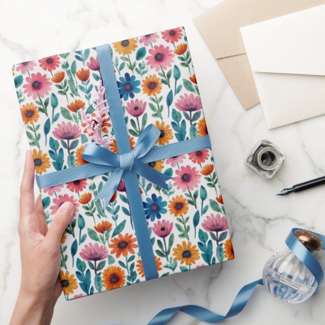Girly Colourful Garden Floral Watercolor Pattern Wrapping Paper (Gifting)