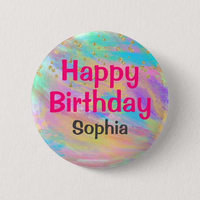 Girly Colourful Happy Birthday Unicorn Gold 6 Cm Round Badge (Front)