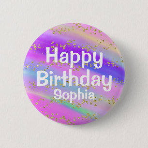 Girly Colourful Happy Birthday Unicorn Gold 6 Cm Round Badge