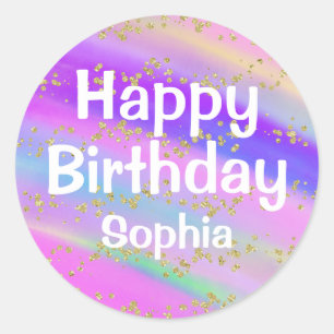 Girly Colourful Happy Birthday Unicorn Gold Glitte Classic Round Sticker
