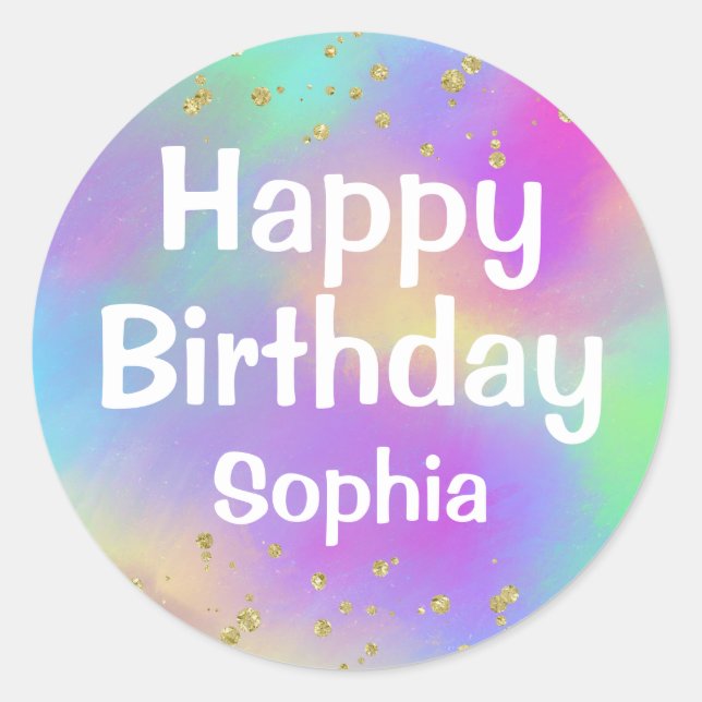Girly Colourful Happy Birthday Unicorn Gold Glitte Classic Round Sticker (Front)