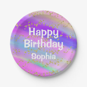 Girly Colourful Happy Birthday Unicorn Gold Glitte Paper Plate