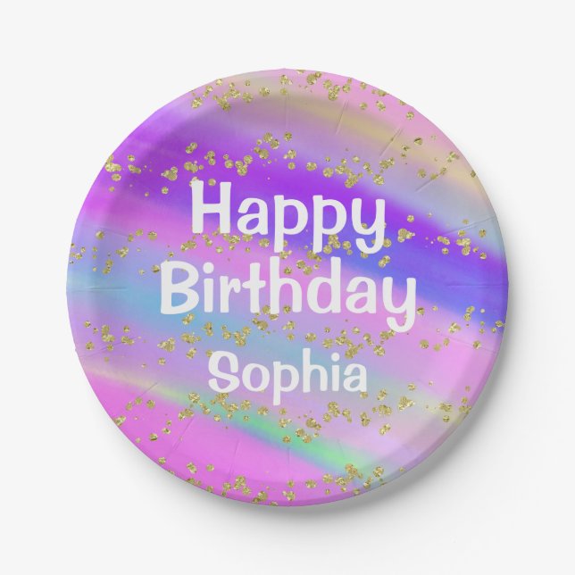 Girly Colourful Happy Birthday Unicorn Gold Glitte Paper Plate (Front)
