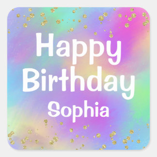 Girly Colourful Happy Birthday Unicorn Gold Glitte Square Sticker