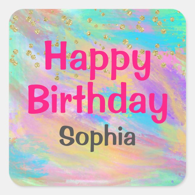 Girly Colourful Happy Birthday Unicorn Gold Glitte Square Sticker (Front)