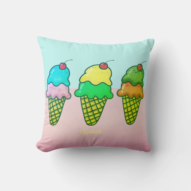 Girly Colourful Ice Cream Cones - Personalised Cushion (Front)