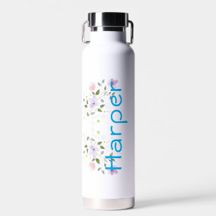 Girly Colourful Modern Botanical Flowers Name  Water Bottle