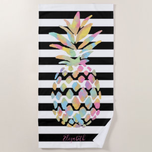 Girly Colourful Pineapple, Black White Stripes Beach Towel