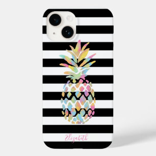 Girly Colourful Pineapple, Black White Stripes Case-Mate iPhone 14 Case