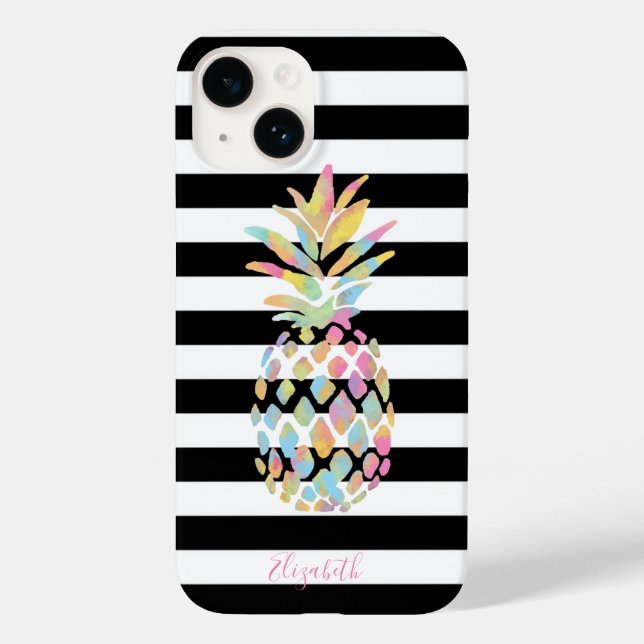 Girly Colourful Pineapple, Black White Stripes Case-Mate iPhone Case (Back)