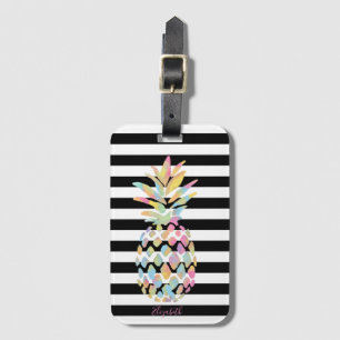 Girly Colourful Pineapple, Black White Stripes Luggage Tag