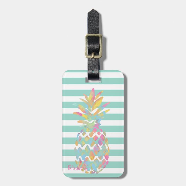 Girly Colourful Pineapple Mint  White Stripes Luggage Tag (Front Vertical)