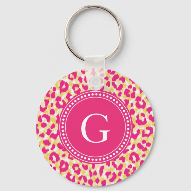 Girly colourful pink cheetah print monogram key ring (Front)
