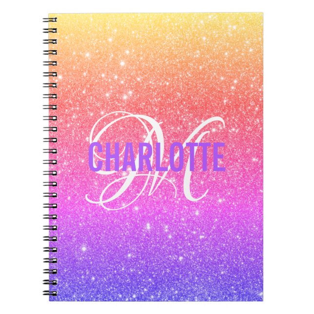 Girly Colourful Rainbow Glitter Monogram Name Notebook (Front)