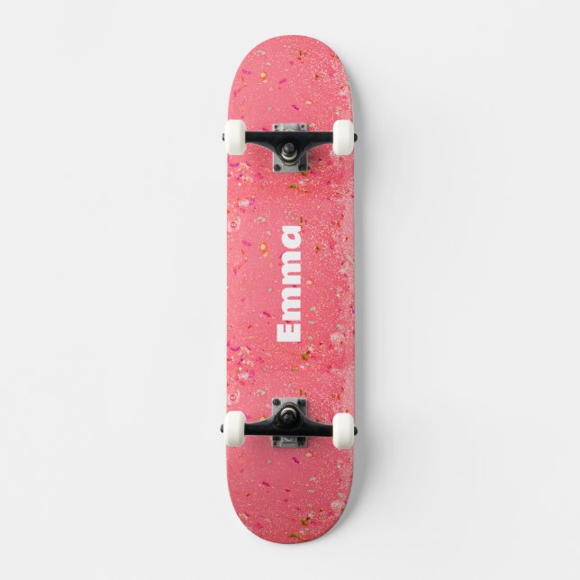 Girly Colourful Sparkle glitter with Name for teen Skateboard (Front)