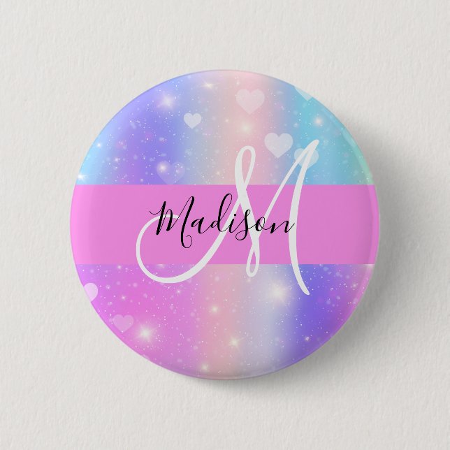 Girly Colourful Unicorn Rainbow Hearts Monogram 6 Cm Round Badge (Front)