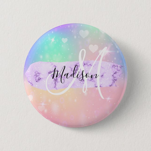 Girly Colourful Unicorn Rainbow Hearts Monogram 6 Cm Round Badge (Front)