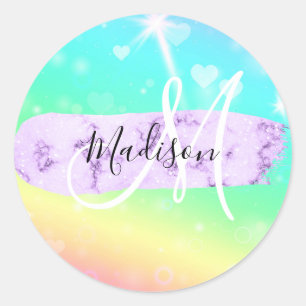 Girly Colourful Unicorn Rainbow Hearts Monogram Classic Round Sticker