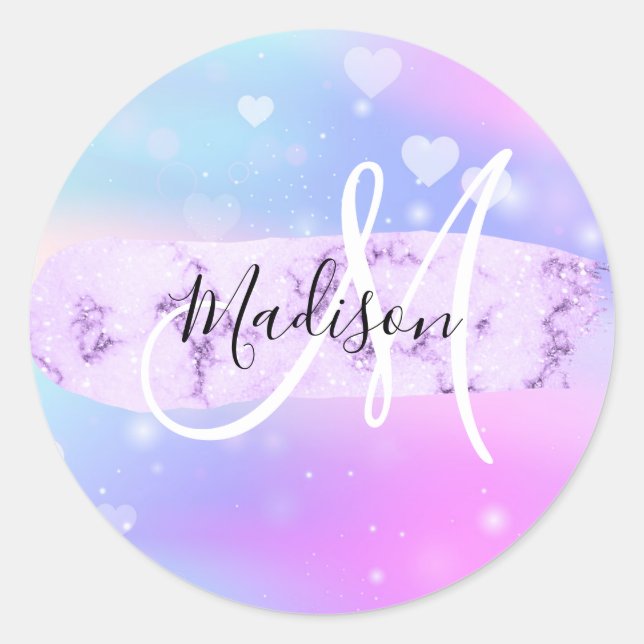 Girly Colourful Unicorn Rainbow Hearts Monogram Classic Round Sticker (Front)