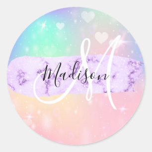 Girly Colourful Unicorn Rainbow Hearts Monogram Classic Round Sticker