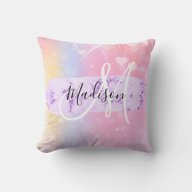 Girly Colourful Unicorn Rainbow Hearts Monogram Cushion (Front)