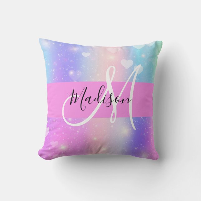 Girly Colourful Unicorn Rainbow Hearts Monogram Cushion (Front)