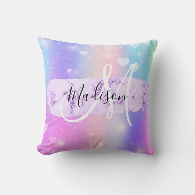 Girly Colourful Unicorn Rainbow Hearts Monogram Cushion (Front)