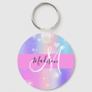 Girly Colourful Unicorn Rainbow Hearts Monogram Key Ring