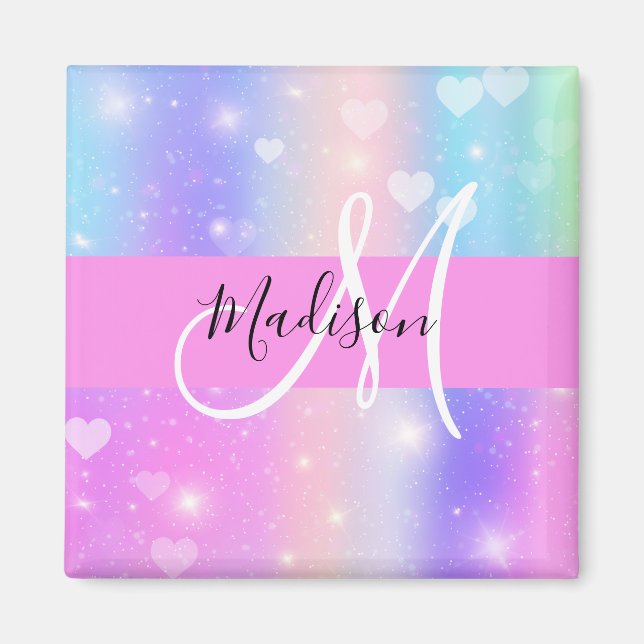 Girly Colourful Unicorn Rainbow Hearts Monogram Magnet (Front)