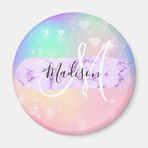 Girly Colourful Unicorn Rainbow Hearts Monogram Magnet