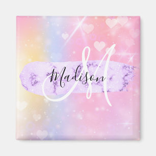 Girly Colourful Unicorn Rainbow Hearts Monogram Magnet
