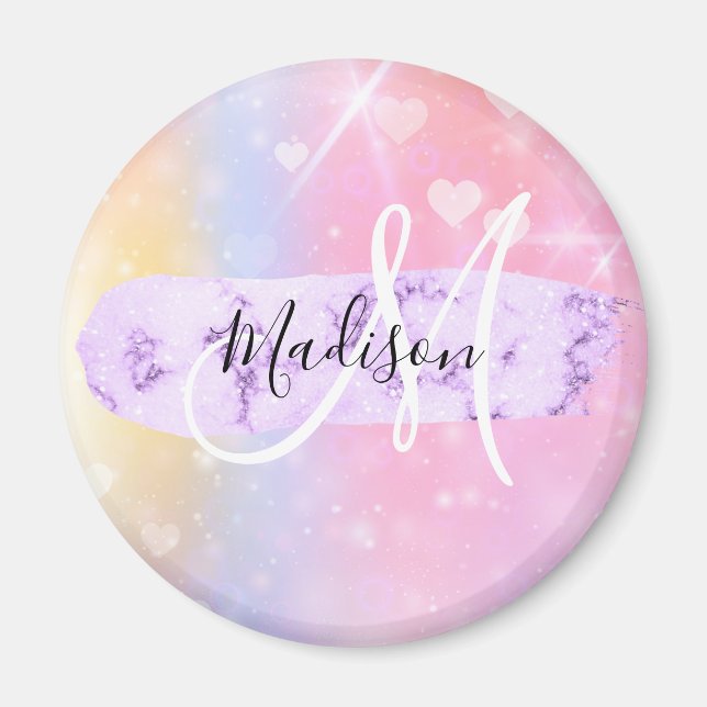 Girly Colourful Unicorn Rainbow Hearts Monogram Magnet (Front)