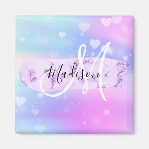 Girly Colourful Unicorn Rainbow Hearts Monogram Magnet