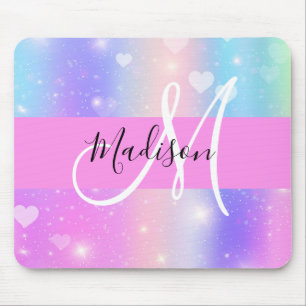 Girly Colourful Unicorn Rainbow Hearts Monogram Mouse Pad