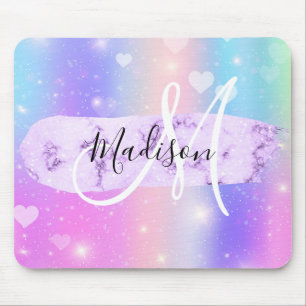 Girly Colourful Unicorn Rainbow Hearts Monogram Mouse Pad