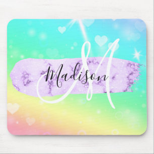 Girly Colourful Unicorn Rainbow Hearts Monogram Mouse Pad