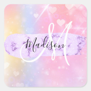 Girly Colourful Unicorn Rainbow Hearts Monogram Square Sticker