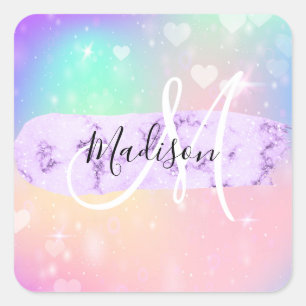 Girly Colourful Unicorn Rainbow Hearts Monogram Square Sticker