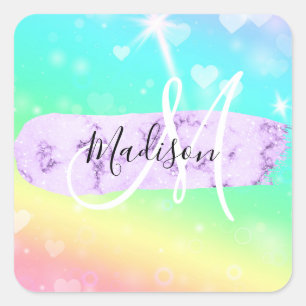 Girly Colourful Unicorn Rainbow Hearts Monogram Square Sticker