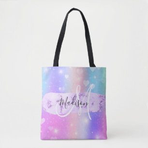 Girly Colourful Unicorn Rainbow Hearts Monogram Tote Bag